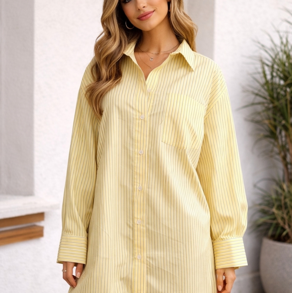 ZARA Yellow Pinstripe Shirt Dress Size XS Button Front